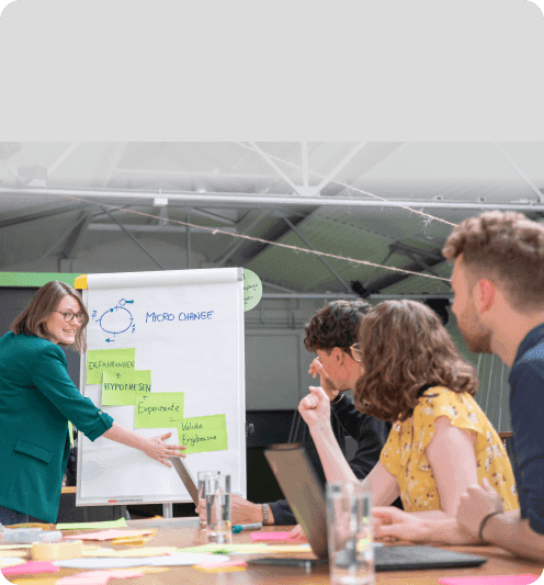 Frau im grünen Blazer erklärt am Flipchart „Micro Change“ den Weg von Hypothesen und Experimenten zu validen Ergebnissen