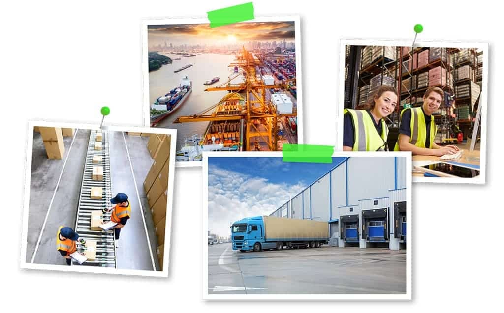 Change Management in der Logistik: Fotocollage mit Motiven aus Transport, Lager und digitaler Vernetzung.
