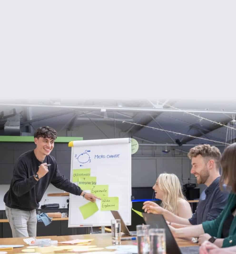 Junger Mann präsentiert einem lachenden Team das Flipchart „Micro Change“ mit Haftnotizen