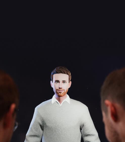 Zwei Personen stehen einem digitalen Avatar gegenüber