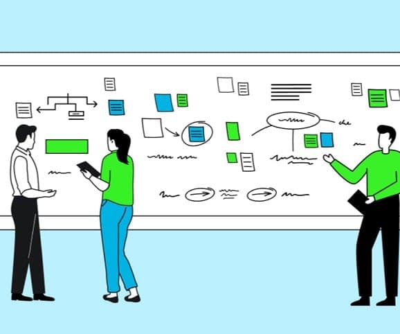 Illustration dreier Personen, die gemeinsam an einem Whiteboard arbeiten