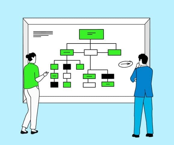 Illustration zweier Personen vor einem Whiteboard mit Organigramm